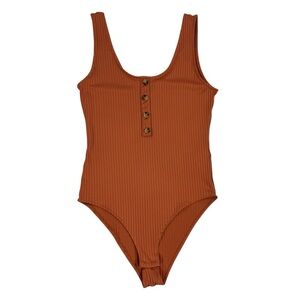 H&M Rust Ribbed Scoop Neck Bodysuit with Buttons